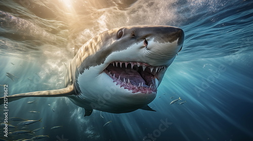 White shark open toothy dangerous mouth with many teeth.Clear water shark swims. Generated AI © jirayut