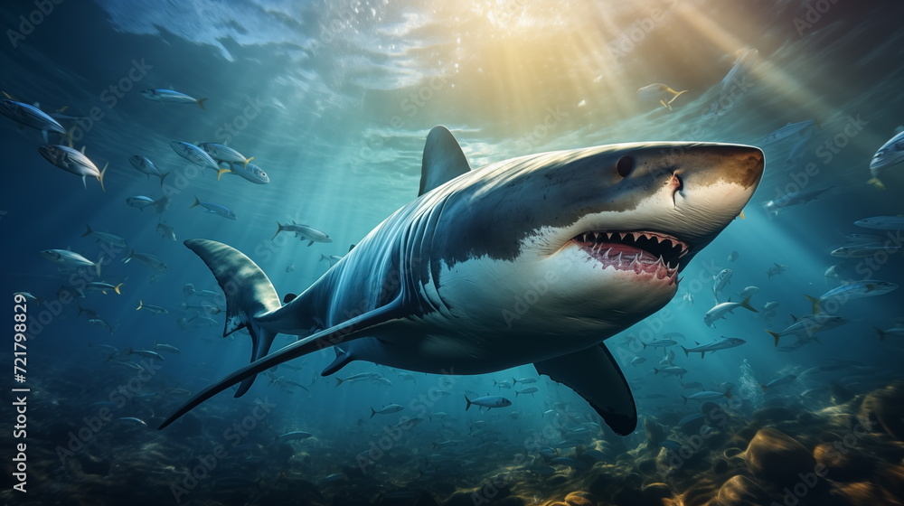 White shark open toothy dangerous mouth with many teeth.Clear water shark swims. Generated AI White shark open toothy dangerous mouth with many teeth.Clear water shark swims. Generated AI