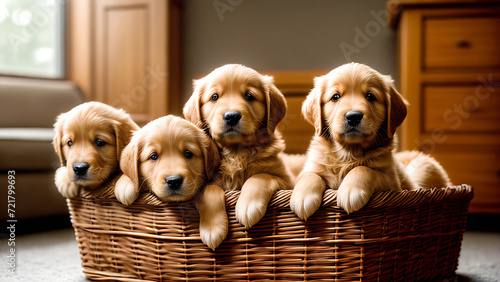 small golden retriever puppies sitting in a basket, generative AI 
