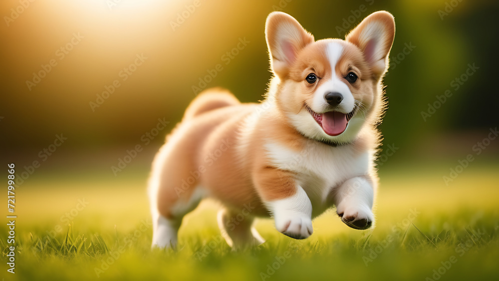 little corgi puppy runs on green grass in summer, generative AI