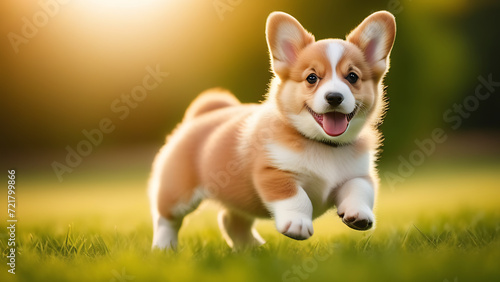 little corgi puppy runs on green grass in summer, generative AI
