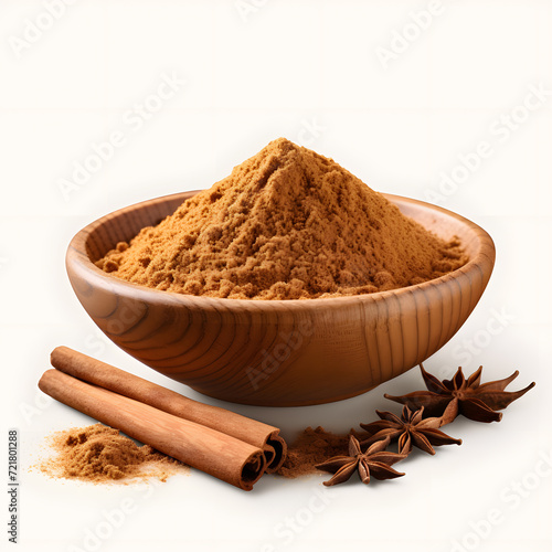 Some aromatic cinnamon with star anise and ground spice in a bowl over white background