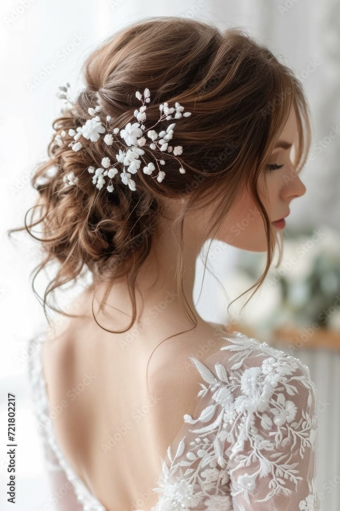 Beautiful bride in wedding dress with hair comb. Generative AI.