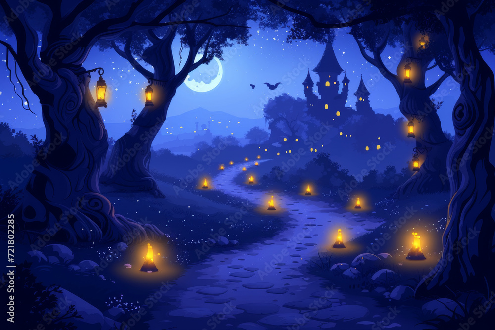 Path lined with glowing lanterns leading to spooky caste in background, halloween
