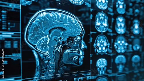 Mri brain scan image with blue background. Generative AI.
