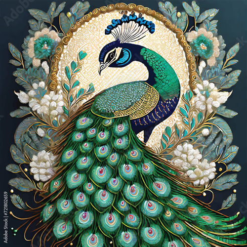 Ornamental beautiful textured peacock. Ethnic style colorful bright peacock bird. Vector ornate black background illustration with multicolor exotic royal peacock bird. Paisley style patterned tail.