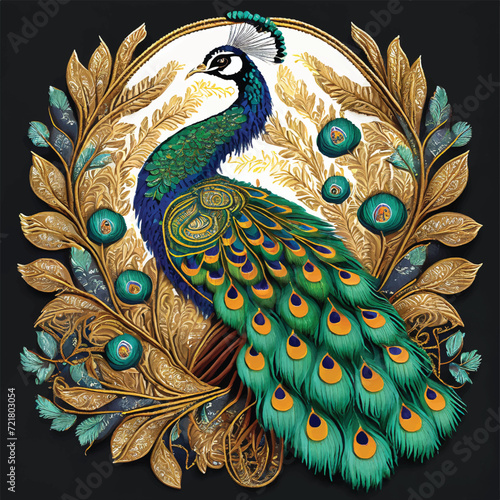 Ornamental beautiful textured peacock. Ethnic style colorful bright peacock bird. Vector ornate black background illustration with multicolor exotic royal peacock bird. Paisley style patterned tail.