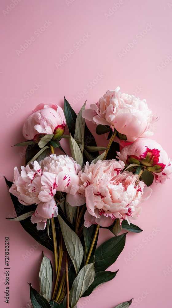 Stylish and elegant composition of pale pink peonies arranged against a matching pink background