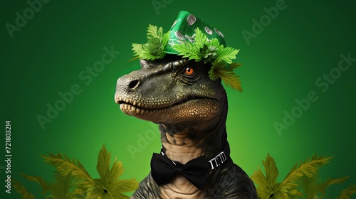 Dinosaur wearing bow tie and flower on green background. St.Patrick   s Day. presentation. advertisement. invite invitation. copy text space.