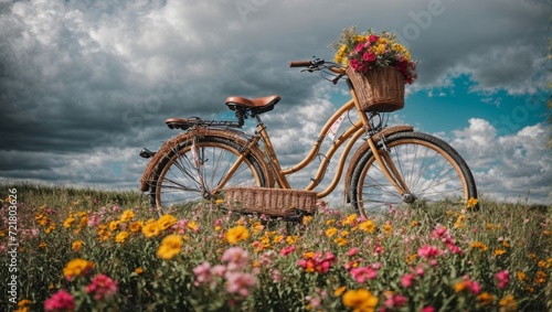 A dreamy bamboo bicycle in a flower-filled valley. © Mariya