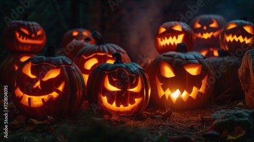 A haunting array of jack-o'-lanterns with sinister glowing faces set in a dark, foggy forest scene for a Halloween night.  © Rudsaphon