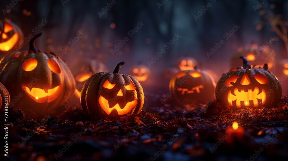 Naklejka premium A haunting array of jack-o'-lanterns with sinister glowing faces set in a dark, foggy forest scene for a Halloween night. 