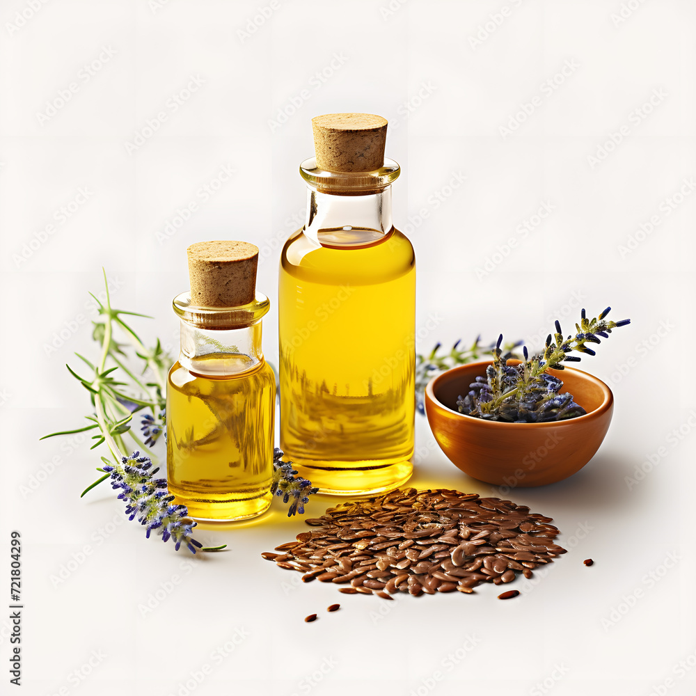 seed oil with seeds and flower isolated on white background. seed oil with seeds and flower isolated on white background.