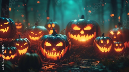 A haunting array of jack-o'-lanterns with sinister glowing faces set in a dark, foggy forest scene for a Halloween night. 