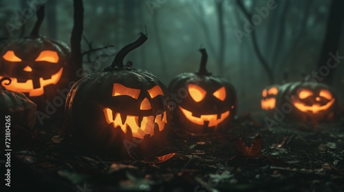 A haunting array of jack-o'-lanterns with sinister glowing faces set in a dark, foggy forest scene for a Halloween night.  © Rudsaphon