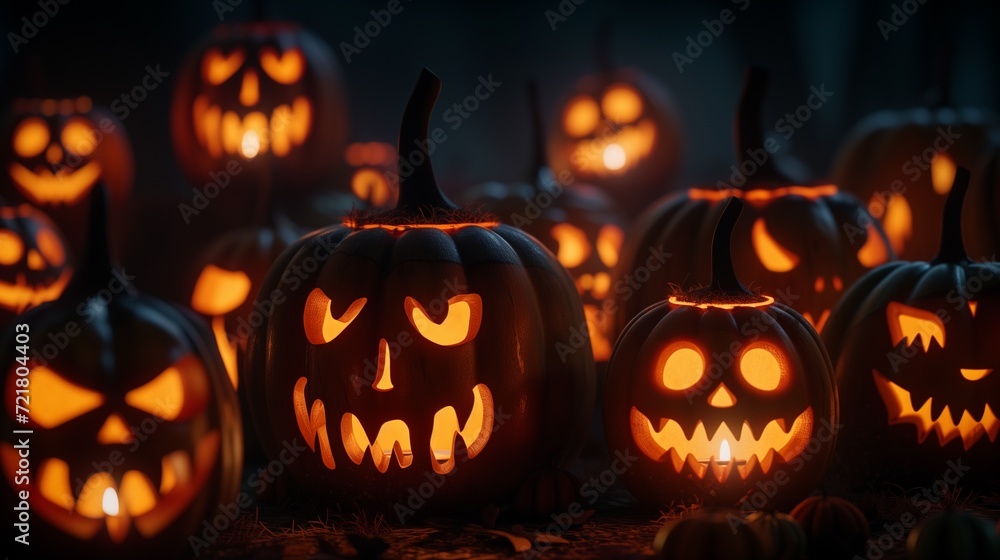 A haunting array of jack-o'-lanterns with sinister glowing faces set in a dark, foggy forest scene for a Halloween night.
A haunting array of jack-o'-lanterns with sinister glowing faces set in a dark, foggy forest scene for a Halloween night.