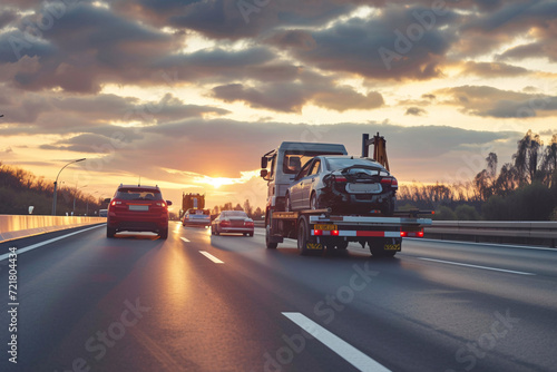 Tow truck transporting a broken car on the highway, embodying a car service transportation concept © Saran