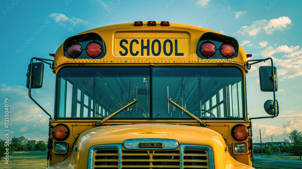 Front View of an Empty School Bus.Front view of a classic yellow school bus parked under a clear sky, the symbol of American education and student transport.