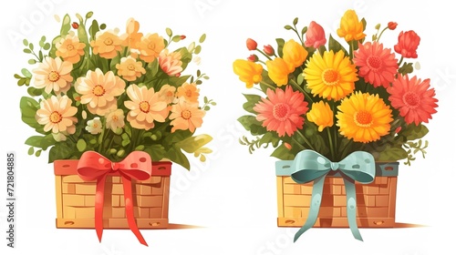 Bunch of Flowers in Bright Box and Basket as Gift Vector Set, generative ai