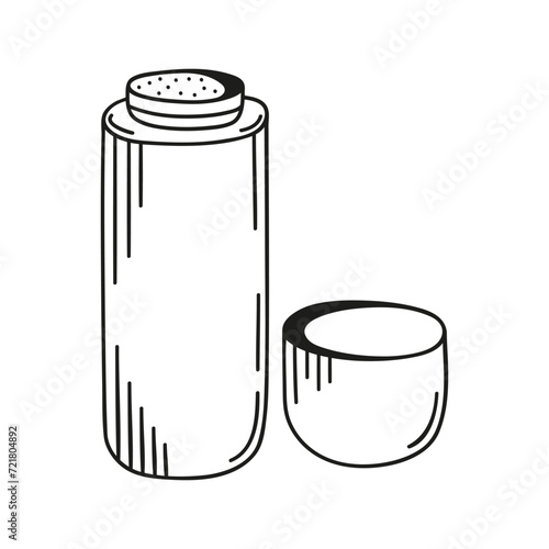 Hand drawn thermos bottle on a white isolated background. Camping elements, travel items. Doodle, simple outline illustration. It can be used for decoration of textile, paper and other surfaces.