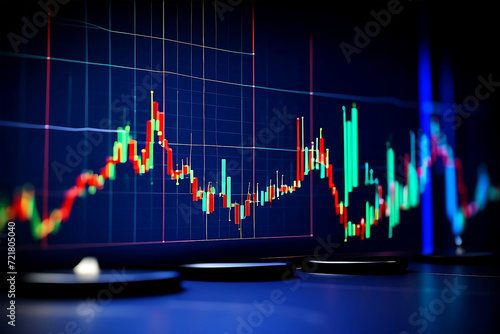  financial chart with uptrend line candlestick graph in stock market on blue color monitor background photo