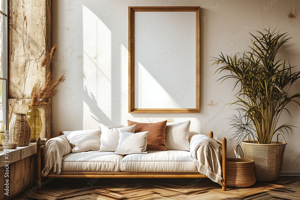 Fototapeta premium Blank horizontal poster frame mock up in minimal white style living room interior, modern living room interior background