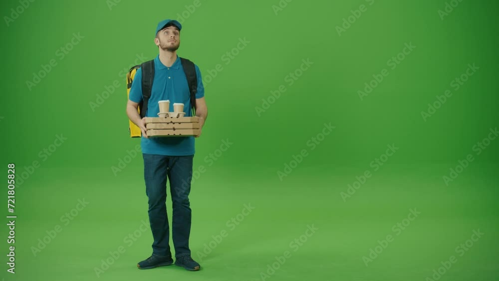 Green Screen Delivery Man in Yellow Uniform With Thermal Backpack Brings Pizza Boxes, Coffee. Deliveryman Worker Deliver Online Order Client. Courier on the Way to Deliver Order to Client Green Screen Delivery Man in Yellow Uniform With Thermal Backpack Brings Pizza Boxes, Coffee. Deliveryman Worker Deliver Online Order Client. Courier on the Way to Deliver Order to Client