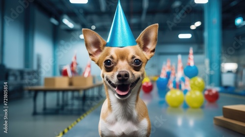 A lively small chihuahua dog wearing a party hat brings joy and excitement to a warehouse celebration. Generative AI. © Natalia