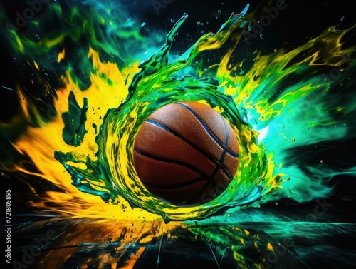 A vibrant basketball ball with green and yellow splashes on a black background. Generative AI. © Natalia