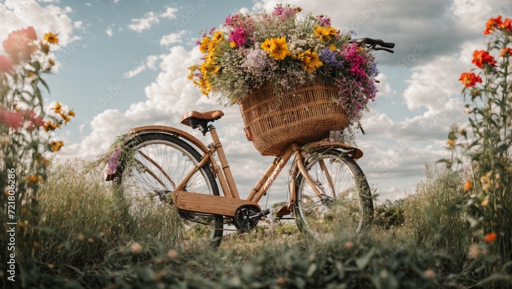 A bamboo bicycle amidst the clouds and spring flowers