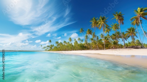 beautiful beach and tropical sea with green coconut trees, clear blue sky