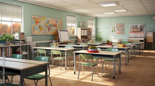 The warm autumn sunlight filters through the windows of a neatly organized classroom, highlighting educational materials and vibrant plant life. 