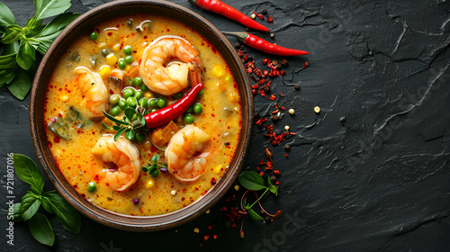 Traditional spicy Thai soup Tom Yum with shrimp and seafood in ceramic bowl on blue stone rustic background from above with space for text, classic dish of cuisine of Thailand, generative ai
