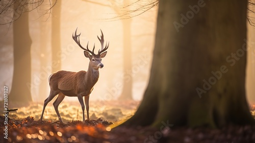 Deer in nature, Morning Sun background. photo