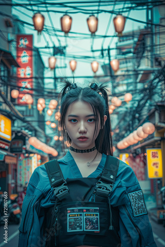 A woman on a street wearing outfit in neo tokyo cyberpunk style