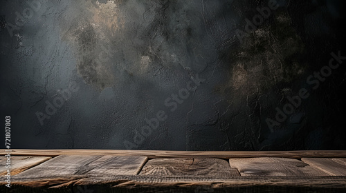 Wooden floor on black wall in dark room. generative ai