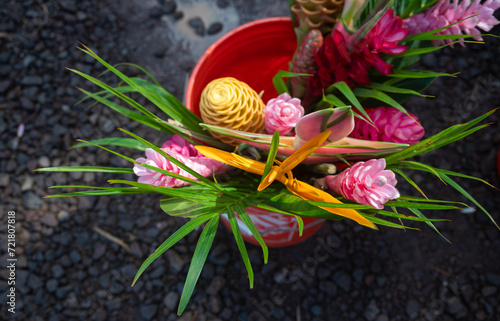 A vivid bouquet of tropical flowers is ready for sale at a Farmers Market on Kauai.
