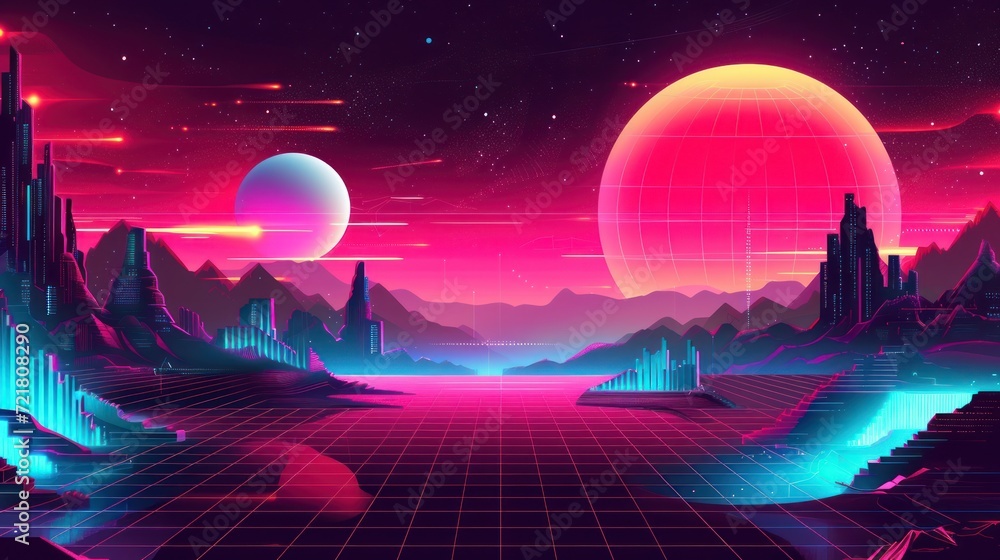Y2K-inspired digital landscape in vector style, featuring abstract shapes, neon lights, and early 2000s tech motifs