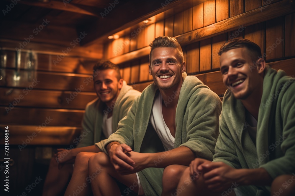 bathhouse. three young men sitting and sweating in wooden sauna with hot steam. Males with bath besoms resting on bench in spa complex. Wellness, beauty of the male body, self care, healthy concept. - obrazy, fototapety, plakaty 