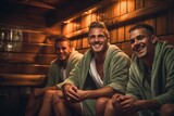 bathhouse. three young men sitting and sweating in wooden sauna with hot steam. Males with bath besoms resting on bench in spa complex. Wellness, beauty of the male body, self care, healthy concept.