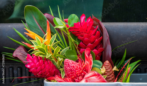 A vivid bouquet of tropical flowers is ready for sale at a Farmers Market on Kauai.
