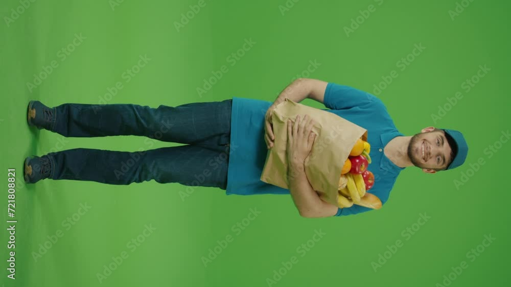 Vertical Video Green Screen Delivery Man Brings Paper Bag with Food. Courier on the Way to Deliver Order to a Client. Deliveryman Worker Deliver Online Order Client. Vertical Video Green Screen Delivery Man Brings Paper Bag with Food. Courier on the Way to Deliver Order to a Client. Deliveryman Worker Deliver Online Order Client.