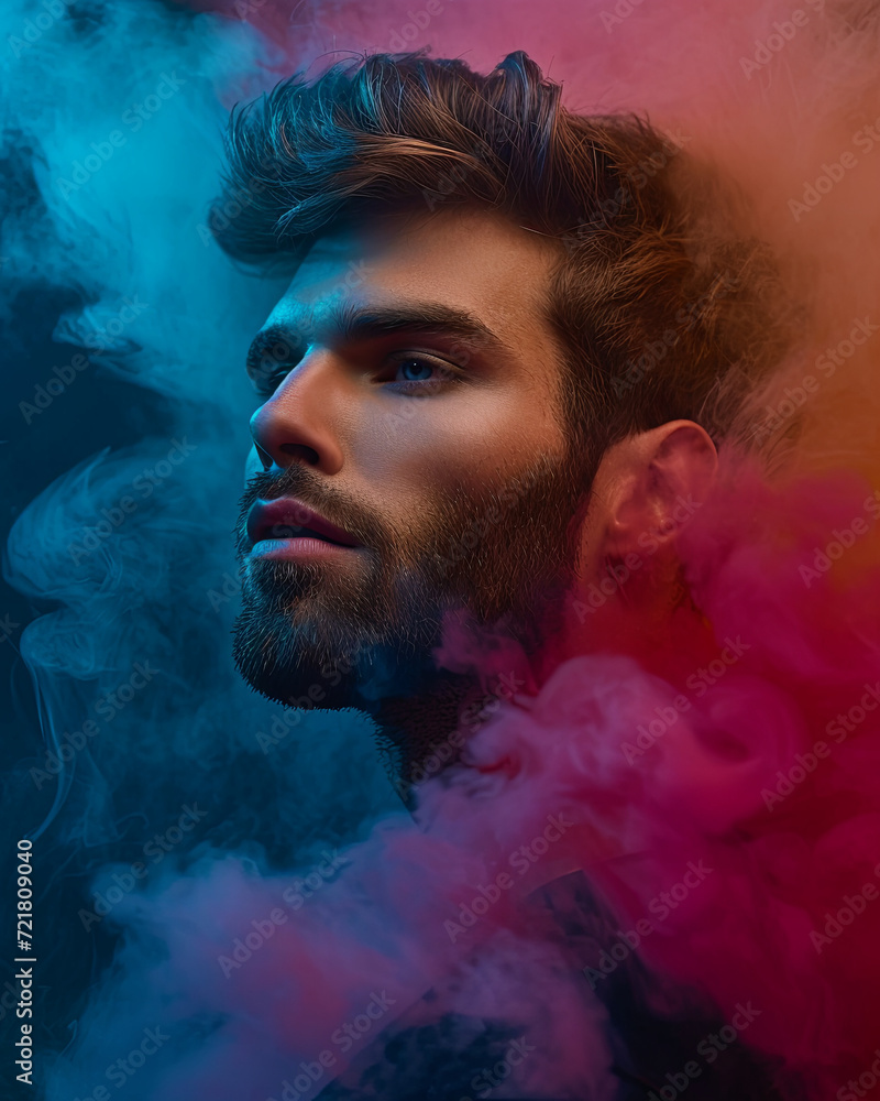Portrait of a handsome man surrounded by colourful smoke