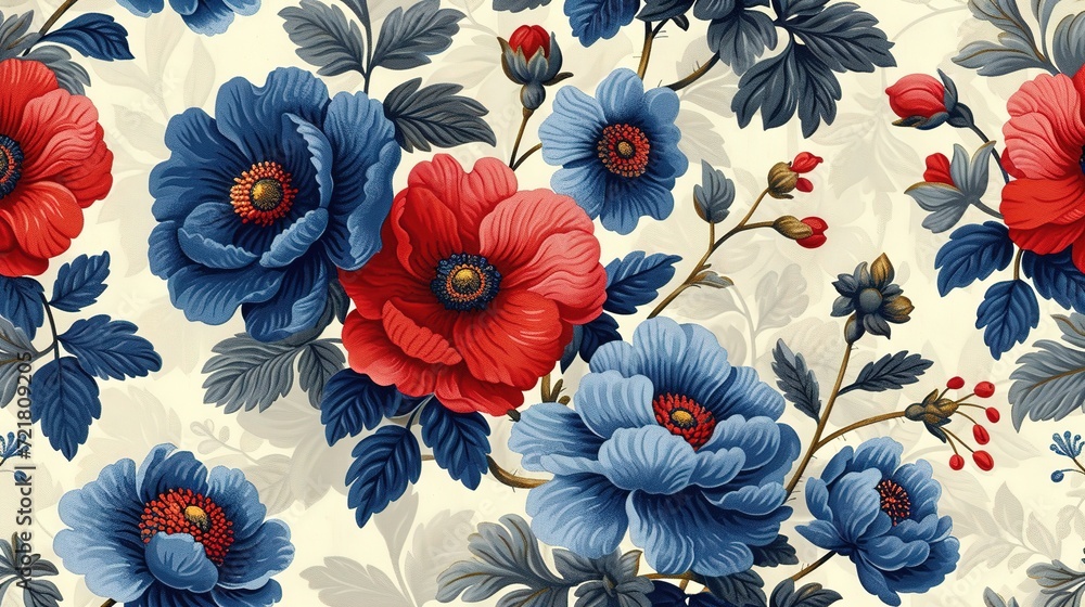 Seamless pattern with stylized ornamental flowers in retro, vintage style. Jacobin embroidery. Colored vector illustration on beige grey background, generative ai Seamless pattern with stylized ornamental flowers in retro, vintage style. Jacobin embroidery. Colored vector illustration on beige grey background, generative ai