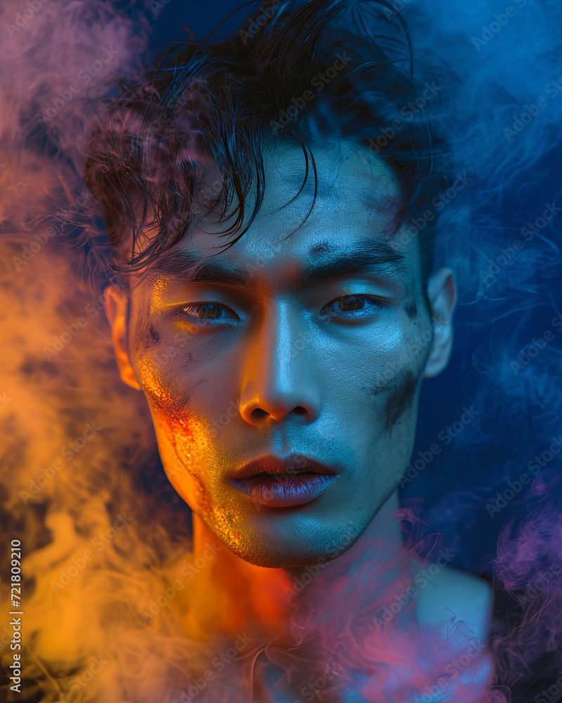 Portrait of a handsome Asian man surrounded by colourful smoke
