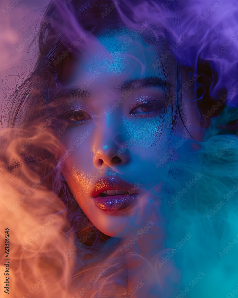 Portrait of a beautiful asian woman surrounded by colourful smoke