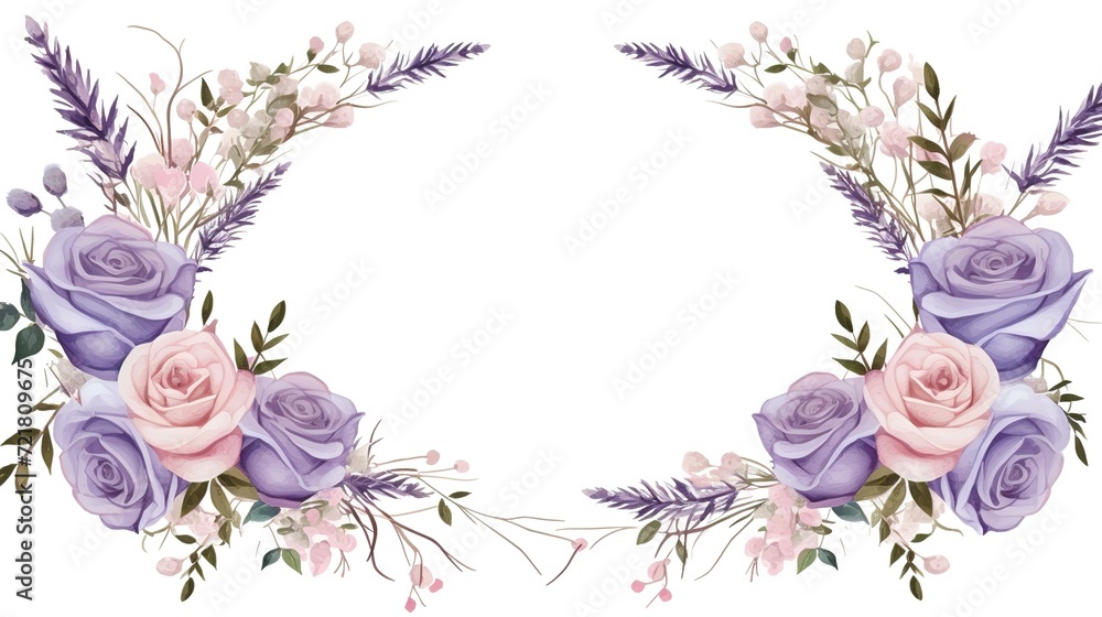 Semicircle Floral Frame with Lavender Twigs and Rose Buds Vector Illustration, generative ai