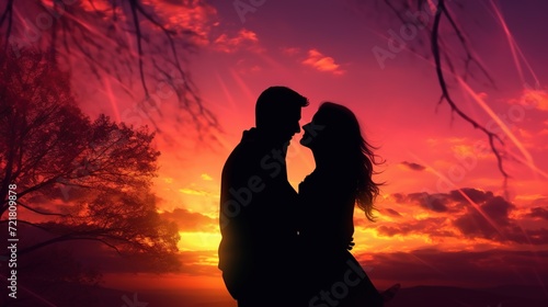 Couple Silhouette Sharing Kiss Against Sunset. Love, Valentine, Romance, Romantice
 photo