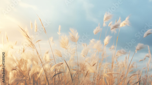 Wild grass in a macro image  showcasing a shallow depth of field. Abstract summer nature background with clear skies and sunlight. Generative AI.