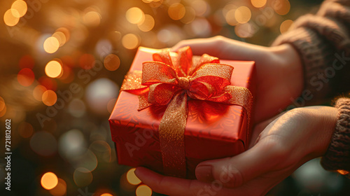 Close-up of hands presenting a golden glittering gift box tied with a red ribbon, with blurred festive lights in the background, evoking warmth and celebration. © Kowit